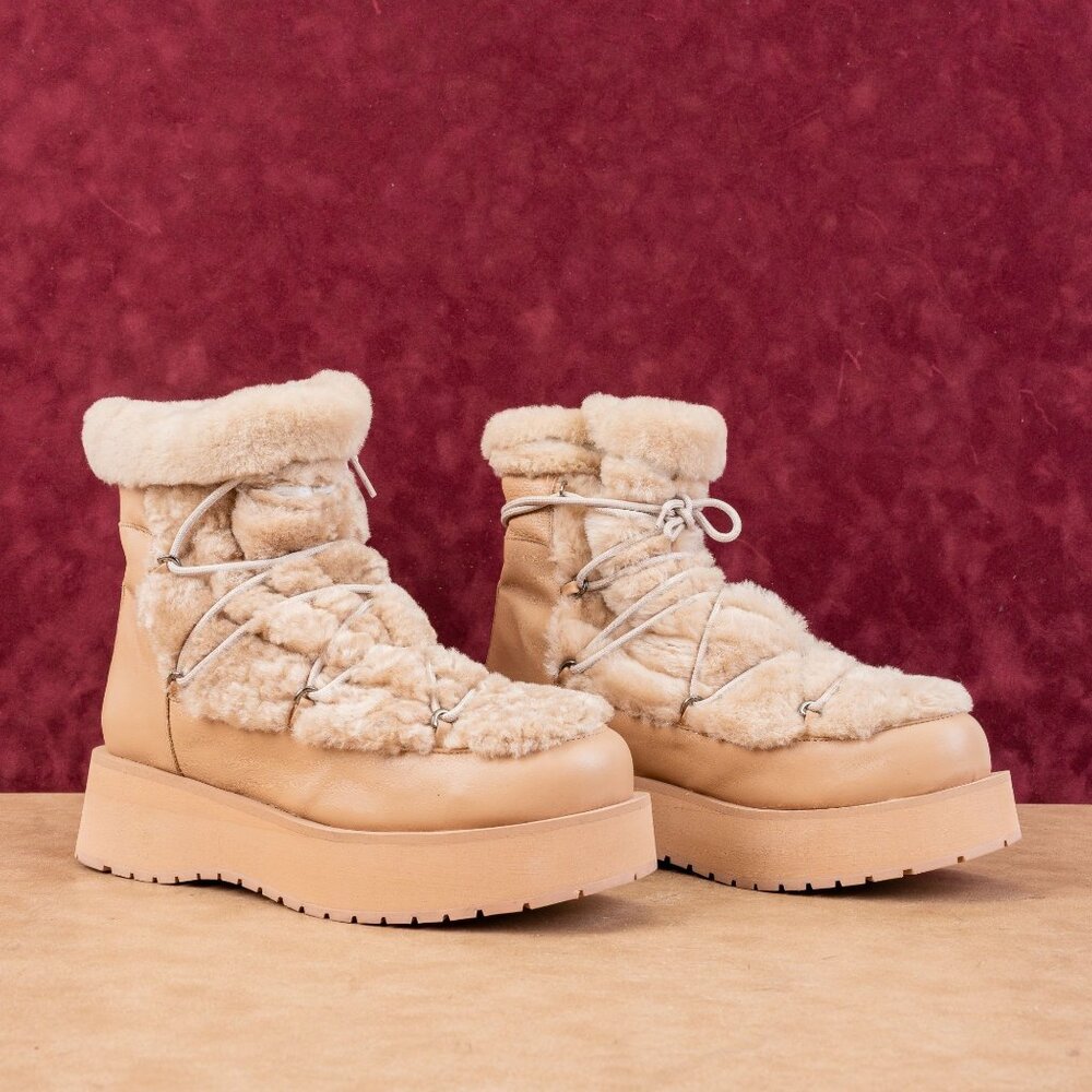 Paloma Barcelo Women Platform Beige Leather Lace-up Ankle Boots 10-10.5US EUR41